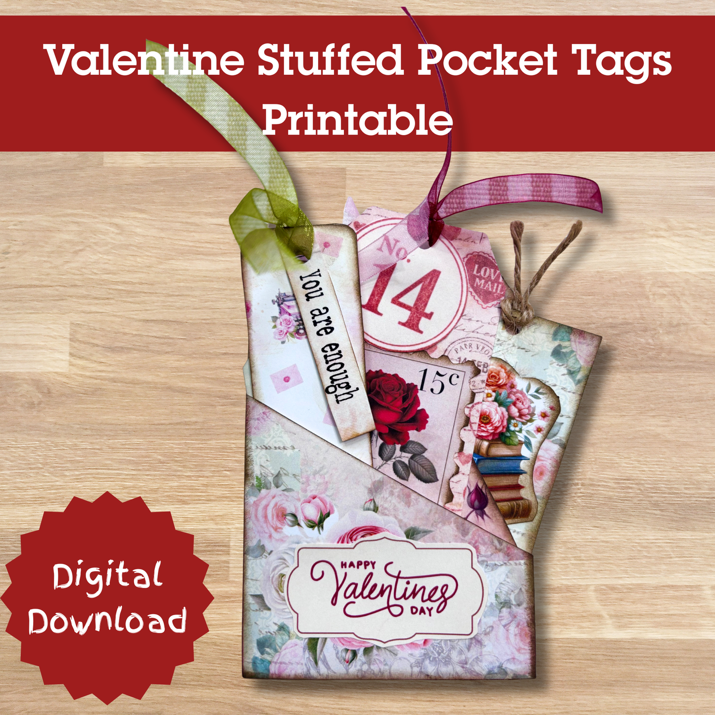 Valentine Loaded Pocket Tags Kit | Stuffed Junk Journal Pockets | Printable Ephemera for Journals, Scrapbooking & Card Making