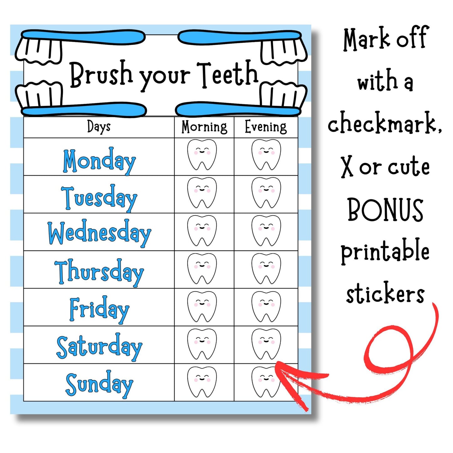 Brush Teeth PRINTABLE, Brush Teeth Chart, Toddler Brushing, Teeth Brushing Chart, Tooth Brushing Schedule, Weekly Brushing Checklist