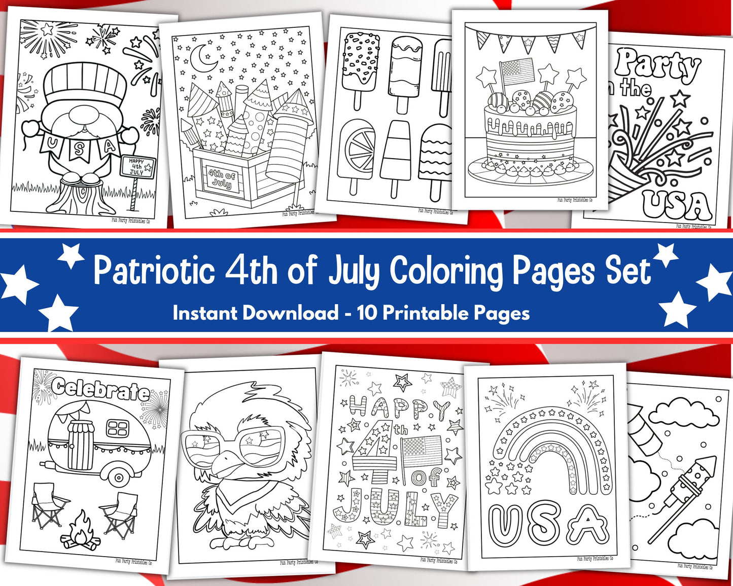 4th of July Patriotic Coloring Page Set, Coloring Books For Adults, Forth of July Activities, Printable Coloring Page, Kids Coloring Pages