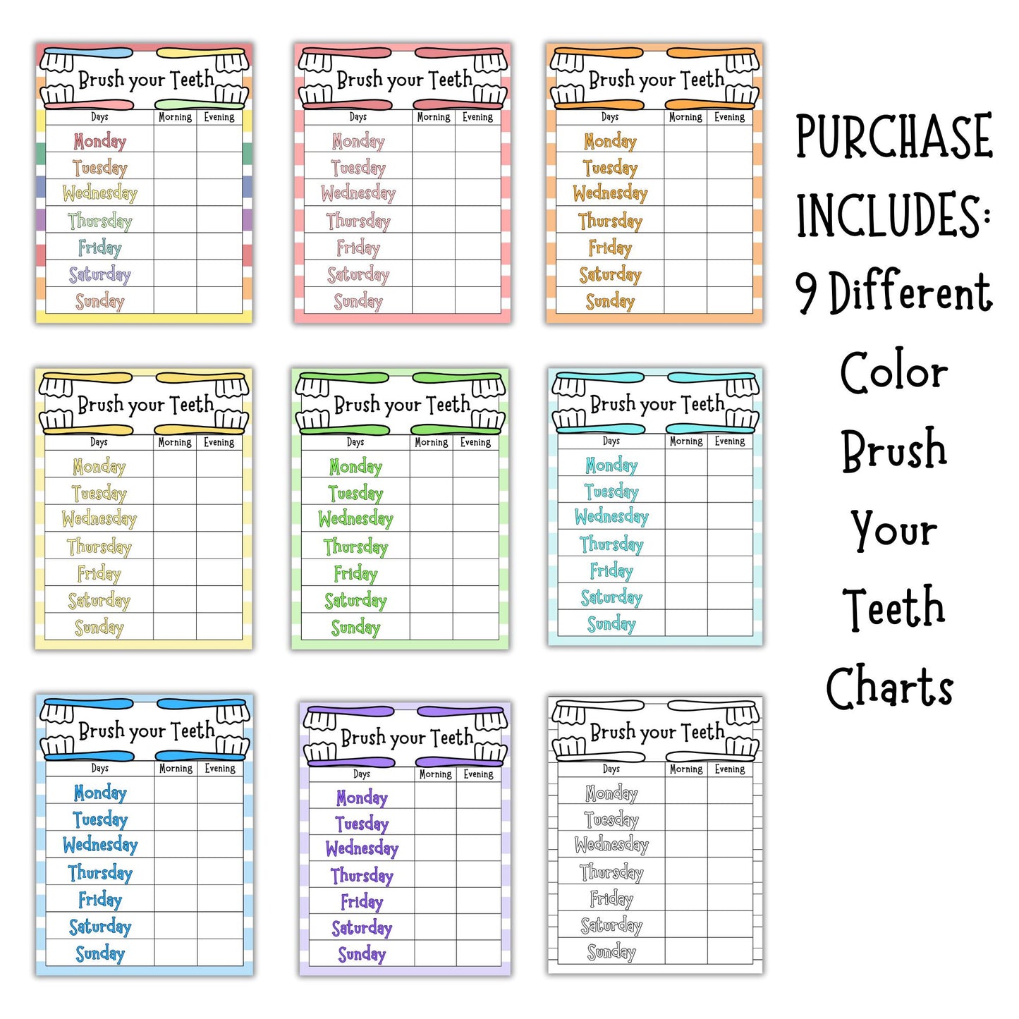Brush Teeth PRINTABLE, Brush Teeth Chart, Toddler Brushing, Teeth Brushing Chart, Tooth Brushing Schedule, Weekly Brushing Checklist