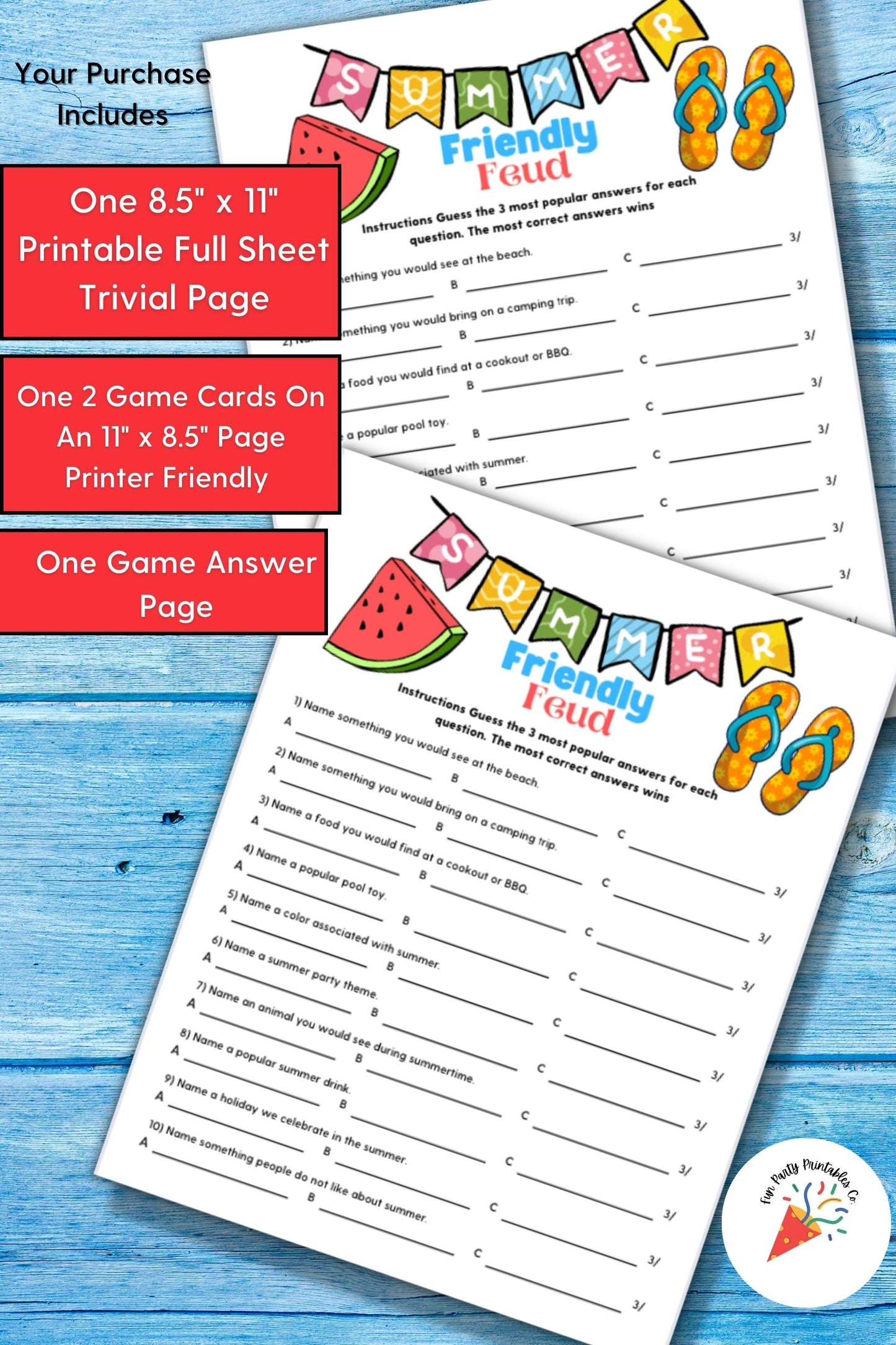 Summer Feud Trivia Game, Printable, Games For Kids, Games For Kids and Adults, Birthday Party Games, Summer Party Games, Office Game