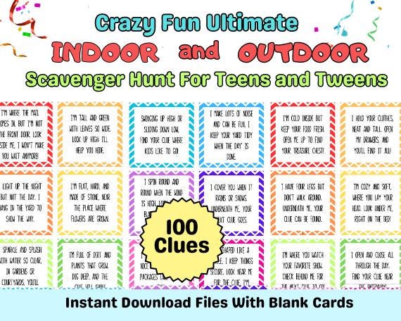 Fun Ultimate Indoor Outdoor Scavenger Hunt For Teen & Tweens Older Kids Scavenger Hunt Teenager Birthday Hunt Teen Party Game Tricky Riddle