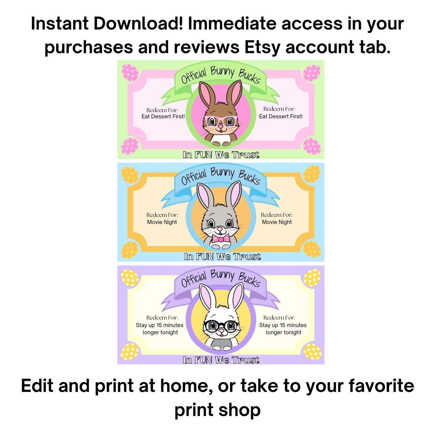 Easter Bunny Bucks, Bunny Coupon, Printable Easter Egg Coupons for Kids, Editable Easter Coupon, Easter Egg Filler, Instant Digital Download