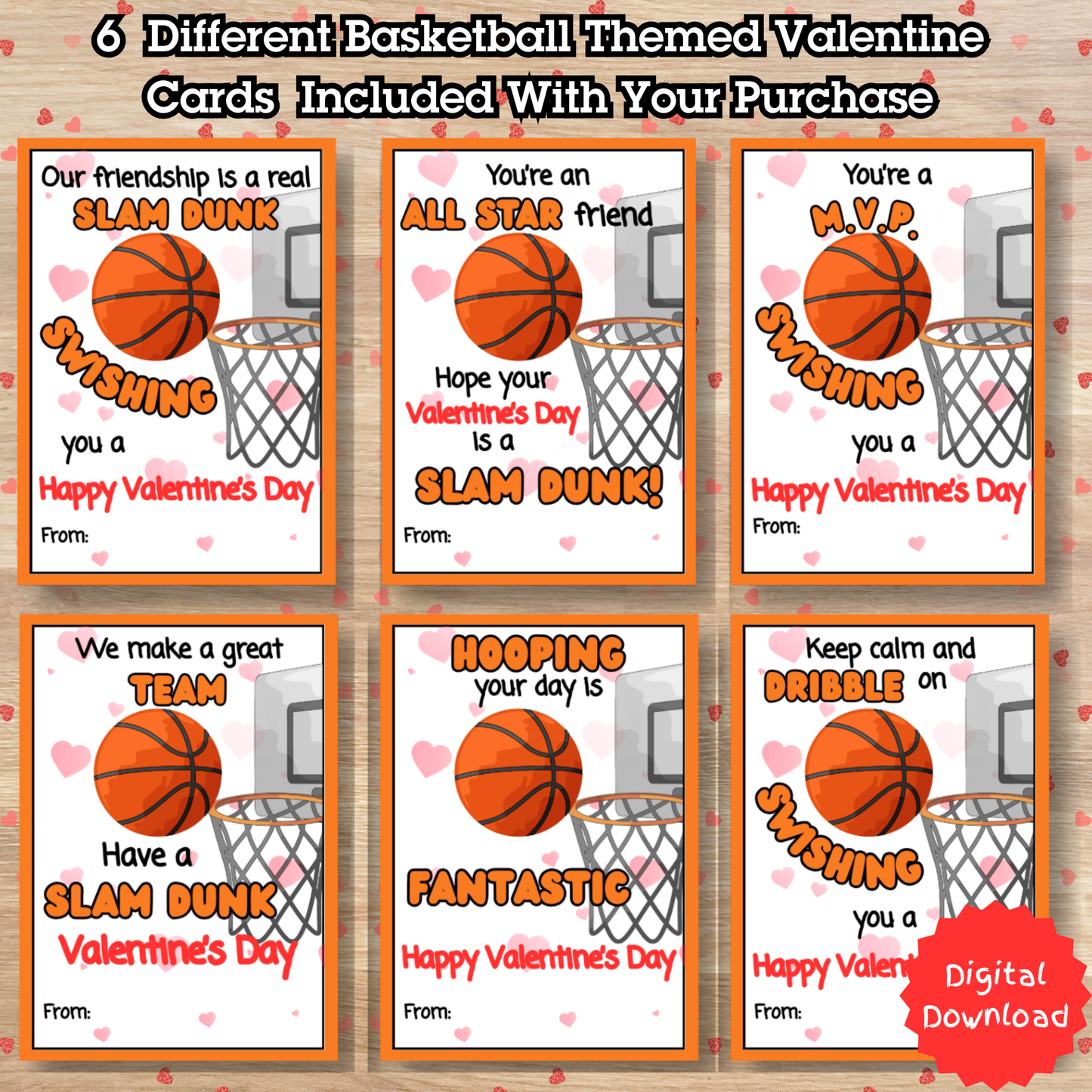 Basketball Valentine Cards for Kids Classroom |Printable Sports Valentines | Class Exchange + Teacher Cards