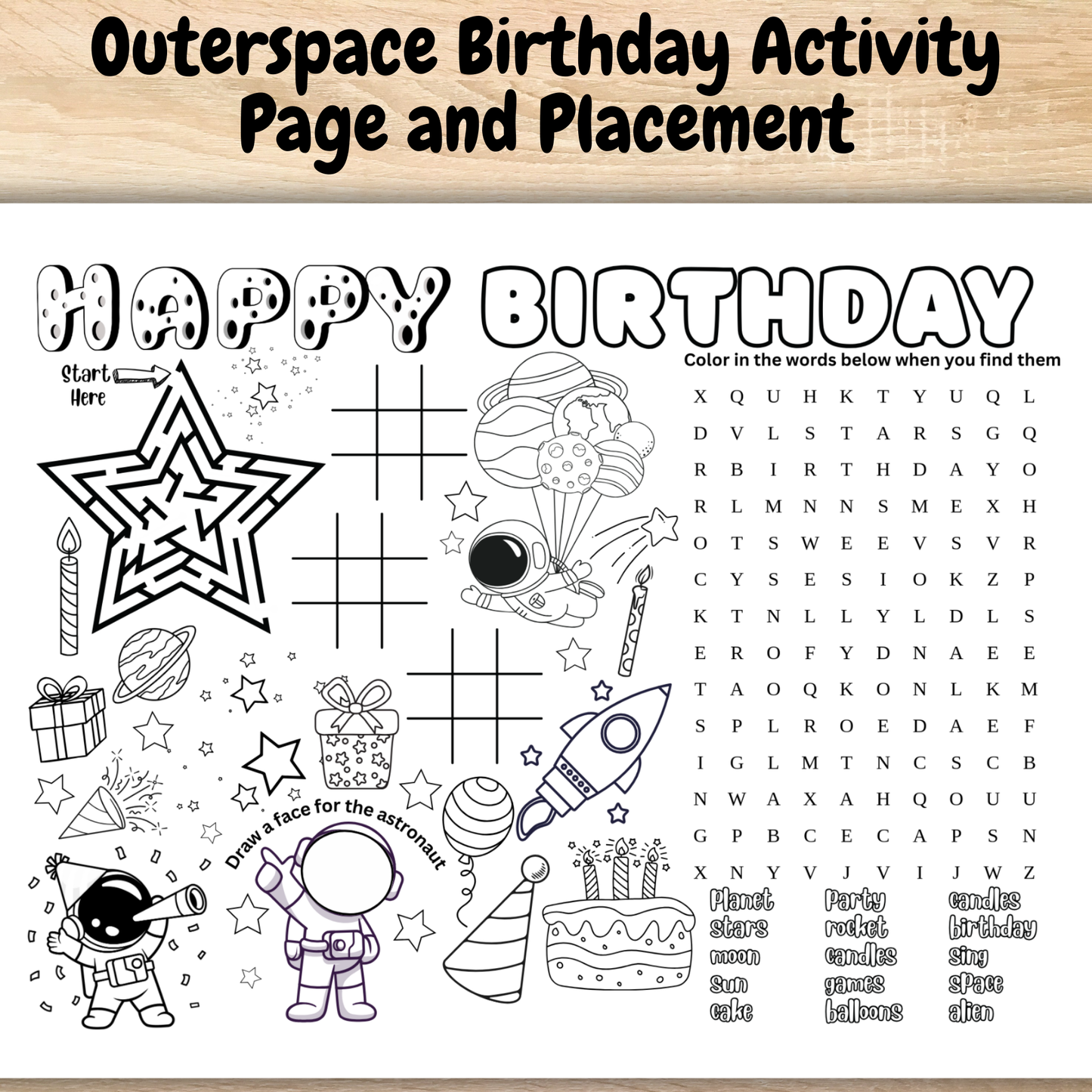 Outer Space Birthday Party Activity Coloring Page Placemats