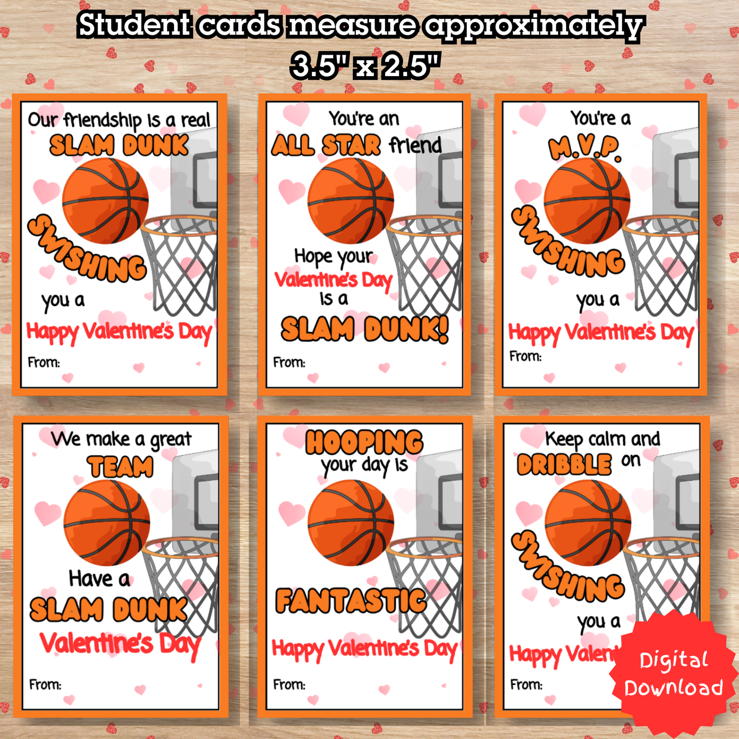 Basketball Valentine Cards for Kids Classroom |Printable Sports Valentines | Class Exchange + Teacher Cards