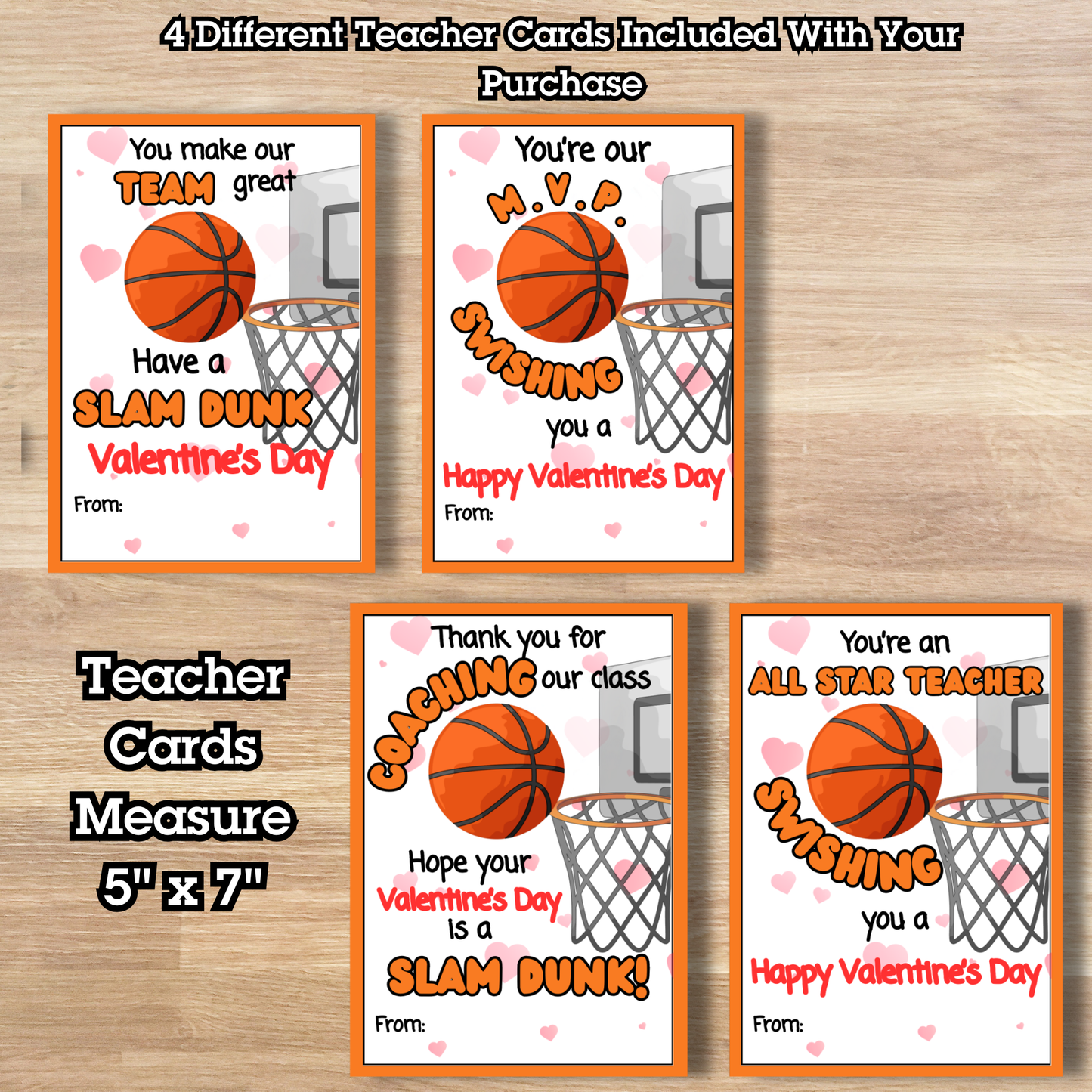 Basketball Valentine Cards for Kids Classroom |Printable Sports Valentines | Class Exchange + Teacher Cards