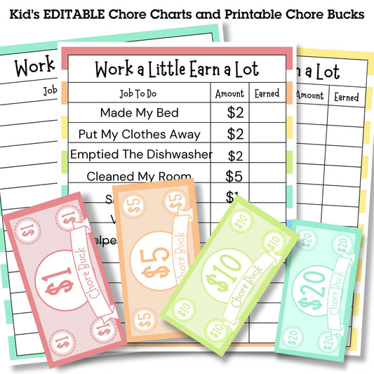 EDITABLE Chore Chart, Daily Routine Checklists, Rewards, Allowance, Responsibility Chart, Allowance Earning Track, Work a Little Earn a Lot