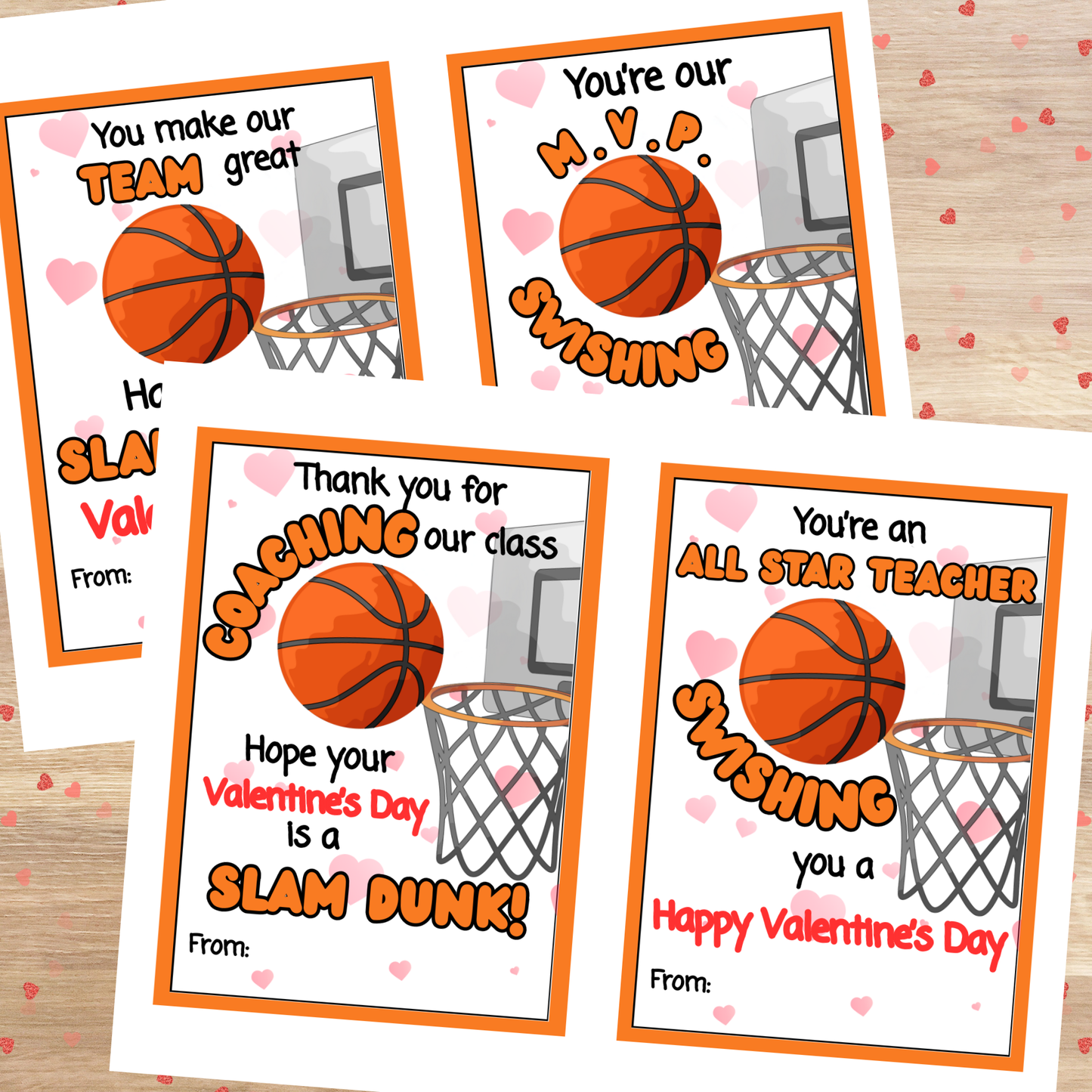Basketball Valentine Cards for Kids Classroom |Printable Sports Valentines | Class Exchange + Teacher Cards