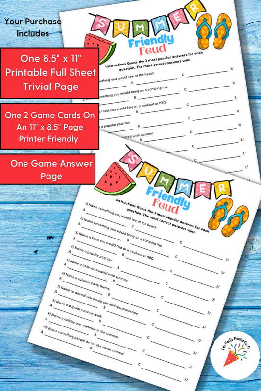 Summer Feud Trivia Game, Printable, Games For Kids, Games For Kids and Adults, Birthday Party Games, Summer Party Games, Office Game