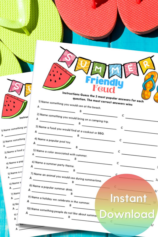 Summer Feud Trivia Game, Printable, Games For Kids, Games For Kids and Adults, Birthday Party Games, Summer Party Games, Office Game